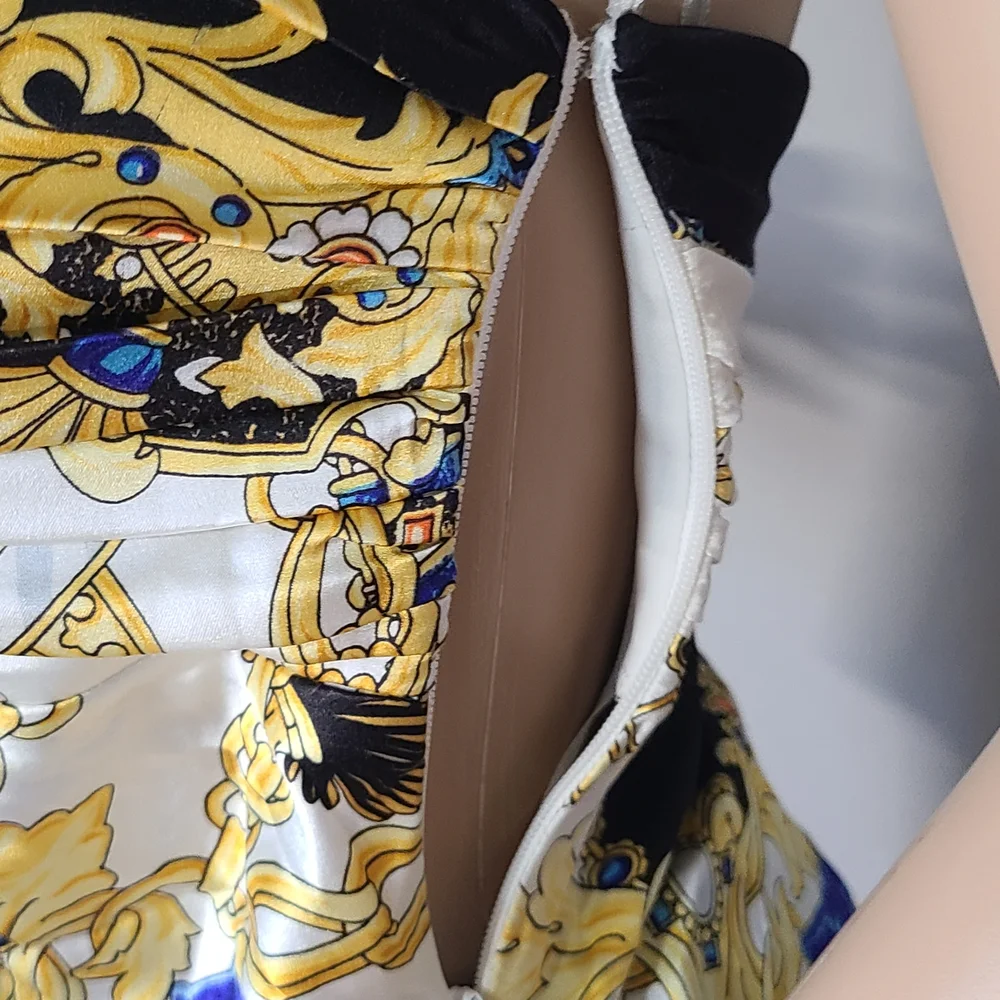 Cache Strapless Baroque-Print Satin Tank Top in Black, Gold, Blue, and White - Picture 4 of 11